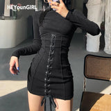 Tie Up Bandage Black Bodycon Dress Autumn Basic Long Sleeve Knitted Mini Dresses Ladies Skinny Casual Winter