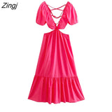 Women Sexy Deep V Neck Waist Hollow Out Poplin Midi Dress Female Chic Short Sleeve Backless Lace Up Summer Vestido