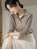 Polo Collar Long-Sleeved Knitted Shirt 2025 European Blouse French Elegant Thin Outer Wear Bottom Sweater
