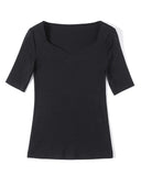 Half Sleeve T Shirt Women Spring Summer Black Tee Shirts V Neck Tops Femme Stretchy