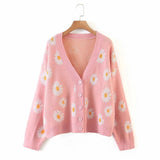 Winter Elegant Knitted Cardigan Kawaii Preppy Style Women Daisy Jacquard V Neck Loose Sweater Pull Femme Casual Coat