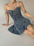 Denim Dress Hip Package Elastic Drawstring Lace Up Spaghetti Starp Mini Bodycon A-line Vestidos Sexy Streetwear