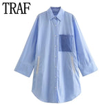 Blue Shirt Dress Woman Patchwork Striped Short Dresses For Women Asymmetric Loose Long Sleeve Dresses Women's Summer
