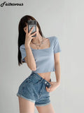 New Slim Crop Top Women Fashion Square Neck Short Sleeve T-shirt Woman Y2K Tees 4
