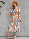 Summer Printed V-neck Dress Waist Waist Mid-length Short-sleeved Mid-length Skirt Holiday Street Women's Clothing