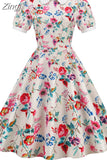 Women Vintage Dress Floral Print Peter pan Collar Elegant Party Dress Puff Short Sleeve Pin Up 50s Party Sundress