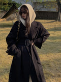 Spring Autumn Long Brown Black Striped Oversized Trench Coat for Women Belt Luxury Designer Clothes Runway Fashion
