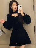 Velvet Women Party Dress Bright Hollow Out Folds Shrug Elegant Fashion Sexy Chic Christmas Mini Dress For New