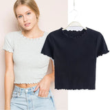 Wood ears O neck Short sleeve T-shirt 2021 New Woman Slim Fit t shirt tight tee Summer Retro Tops 6