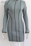 Women Autumn Ruched Casual Mini Dress 2023 Long Sleeve Round Neck Short Pencil Dress Streetwear Holiday Party