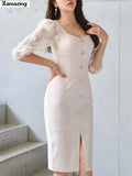 Women Elegant Fashion Party Dress Office Lady Korean Style Square Collar Bodycon Pencil Vestidos Femme