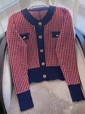 Plaid Cardigan Crop Top Fall 2021 Women Cropped Sweater Coat Full Round Neck Diamond Buckle Knit Cardigan Elegant