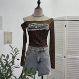 Real Shooting Spice Girls Letter Sticker Leopard Long-Sleeved T-Shirt 2024 Autumn New Thin Short Top