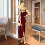 2022 Summer Vintage Women Satin Slip Dress Spaghetti Strap Side Slit Black Burgundy Silk Sexy Long Party