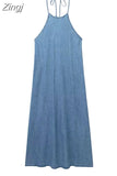 Backless Denim Dress Woman Blue Halter Long Dress Women Off Shoulder Midi Summer Dresses For Women 2023 Holiday