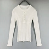 T shirt Women Ribbed Cotton Female Korean T-Shirt Gray Tops Sexy Button V-Neck Long Sleeve Patchwork Tee Shirt