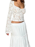 Women Lace Floral Hollow Out Cropped T-shirts Tops Long Flare Sleeve V-neck Slim Fit Solid Tees Shirts Clubwear