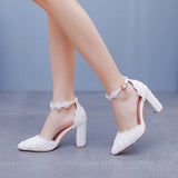 Lace Pointed Women's Singles Lace Wedding Dress Shoes Spring Thick Heel Sharp Sandals White Wedding Shoes