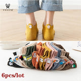 6 pairs of cute trendy socks female cartoon heel embroidery pure cotton women's socks casual sports funny ankle socks