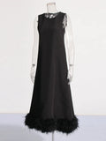 Spring 2025 New Fashion Temperament Round Neckless Loose Loose Solid Color Feather Splicing Design Long