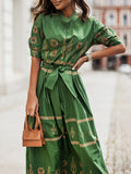 Pattern Printed Bohe Long Dress Elegant Lace-up O Neck Maxi Dresses Elegant Women Short Sleeve Summer Buttoned