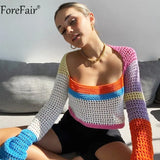 Autumn Long Sleeve Knitted Crop Top Summer Fashion 2021 Beach Patchwork Fashion Vintage Casual Sexy Green T