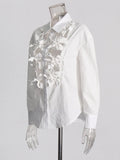Spring 2025 New Fashion Casual Collar Hollow Flowers Splicing Hollow High-End Sense Single Row Buckle Long-Sleeved Shirt