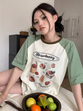 Summer Japanese Contrast Color Loose T-shirts Casual O Neck Cropped Tops Women Short Sleeve Y2k Aesthetic Kawaii Print