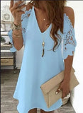 Sexy V Neck Spaghetti Straps Hollow Out Women's Dress 2021 Fashion Solid Lace Pachwork Loose Ladies Mini Dress Plue