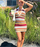 Knitted Stripe Halter Collar Mini Dress- Outfit
