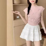 Wind Pink Bow Short-Sleeved Sweater Summer Design Wrinkled Slim Small Flying Sleeve Chic