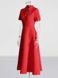 French Simple Style Slim Dress 2025 New Metal Decoration Polo Collar Solid Color Long Dress