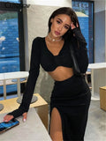 Elegant Solid Black 2 Pieces Set Women Outfit Long Sleeves Crop Top+High Waist Side Slit Skirts Matching Lady