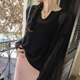 Fragrant Wind V-Collar Hollowed-Out Long-Sleeved Sweater Women's Spring And Autumn New Loose Meat Sunscreen Thin Air Conditioner