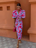Women's Floral Print Cut Out Midi Dress Elegant Puff Short Sleeve V Neck Split Slim Vestido New Female Summer Party