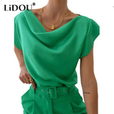 Summer Women's Clothing Solid Short Sleeve Swing Collar Loose Casual Simple Satin Shirts Top Ladies Elegant Fashion
