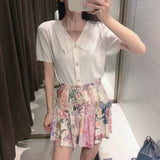 Floral Printed Chic Smocked Women Shorts 2021 Summer New High Waist With Drawstring Casual Wide Leg Retro