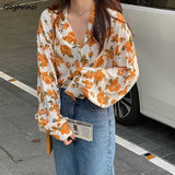 Shirts Women Notched Loose Spring Long Sleeve Floral Elegant Korean Vintage Sweet French Style High Street Chiffon