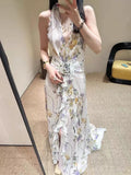 French Holiday Style V-Neck Hanging Neck Wood Ear Dress Chiffon Three-Dimensional Flowers Bare Back Sexy Evening Dress