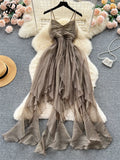 Summer Beach Vacation Style Dress Women Elastic Waist Spaghetti Strap Ribbon Irregular Fashion Sexy Slim Long