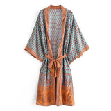 Queens Women Floral Print Sashes Bohemian Kimono Dress Ladies V Neck Batwing Sleeves Beach Boho Maxi Robe