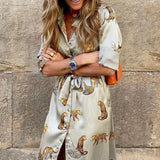 Autumn Lapel Long Sleeve Loose Print Shirt Dress Fashion Ladies Office Long Dress Elegant Tie-up Waisted Button Maxi