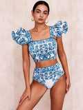 Blast Breast High-Waisted Split Swimsuit Women 2025 New Bikini Two Sets Of Lotus Edges INS Retro Print