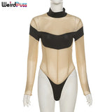 Puss 2021 Sexy Mesh Patchwork Bodysuits Women Long Sleeve Skinny Stretchy Club Fashion Bodycon See Through Summer Wild