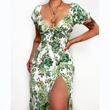 Zingj Spring And Summer New Flower Print Small Fresh And Sweet V-Neck Long Dress