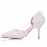 Cm White Lace Wedding Shoes Fine Heel Pointed Sandals Hollow Two-Siped Sandals Large Size