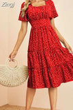 Dress Women Short Sleeve High Waist Floral Print Midi Dress Casual Elegant Square Collar Holiday Beach