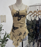 辣bab Net Yarn Print Small Sling Vest Tidly Tidly Ribbon Ribbon Leaves Edge Sleeveless Top
