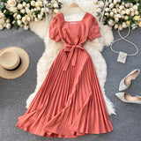 Zingj Retro Solid Color Temperament French Collar Hepburn Style Short-Sleeved Waist Show Thin Pleated Dress Large