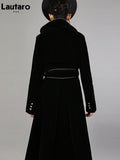 Spring Autumn Long Black Velvet Trench Coat for Women with Gold Trim Sashes Double Breasted Luxury Designer Fashion